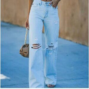 Light blue Ripped Wide-Leg High-Waist Jeans